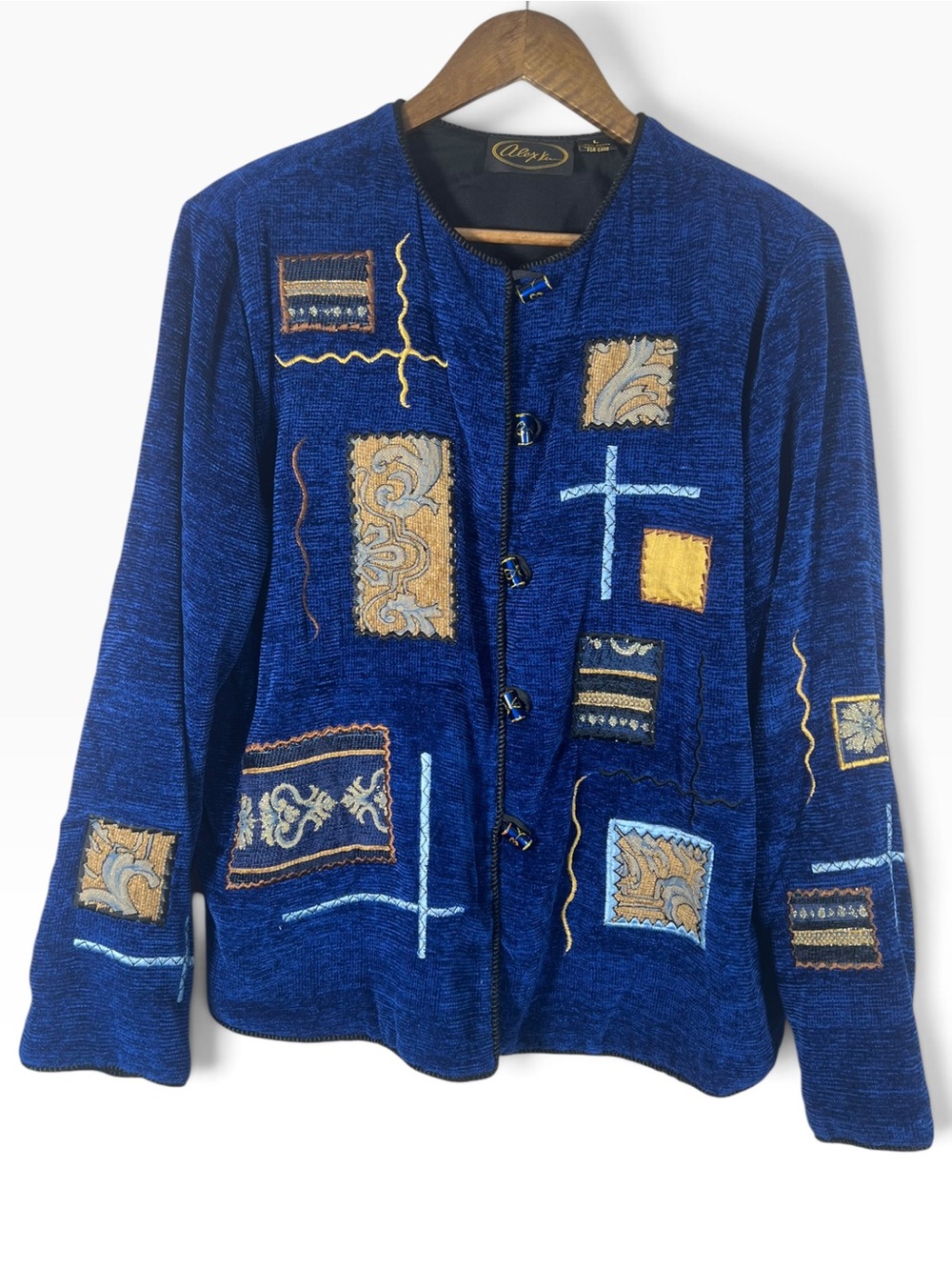Vintage Alex Kim Royal Blue Chenille Jacket Womens Large Patchwork Artsy Boho